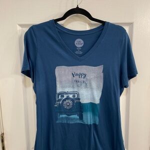 Life Is Good Teal V-Neck Tee with "Happy Trails", Size Medium